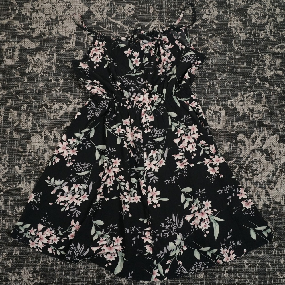 Black Floral Mini Dress Women's Med Spaghetti Strap Summer Casual Preppy Cute